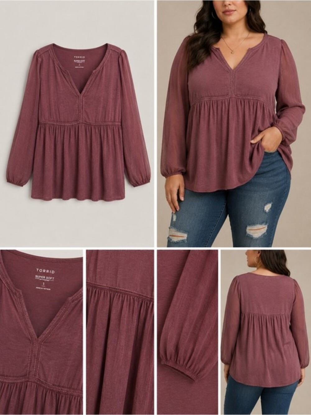Torrid Top Size 2X Babydoll V-Neck Long Sleeve Boho Flowy Top Peplum Pleated Hem